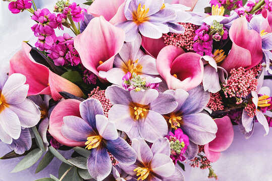 pink violet Autumn Colorful fall bouquet. Beautiful flower composition with tulip. Flower shop and florist design concept. close up, floral background