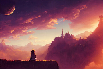fillette assise devant un paysage de fantasy
