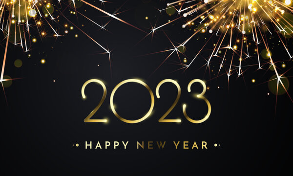 2023 Happy New Year Background texture with glitter fireworks. Vector New Year Eve sparkle background with golden 2023 number