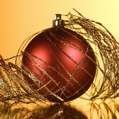 Red christmas bauble tree decoration with gold tinsel string