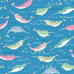 Obraz premium Sea animal narwhal vector seamless pattern.