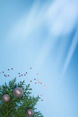 Vertical empty Christmas blue background with fir twigs and shiny silver tree balls, copy space