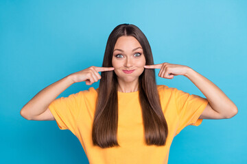 Photo of positive adorable lady wear yellow stylish outfit pointing fingers bloated cheeks isolated...