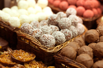 chocolate truffle balls on market counter