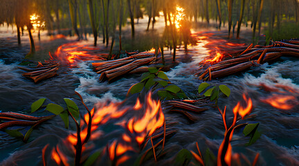 Burning forest with river during sunset
