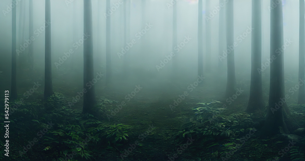 Sticker Foggy night jungle forest, dark trees in white mist 3D illustration.