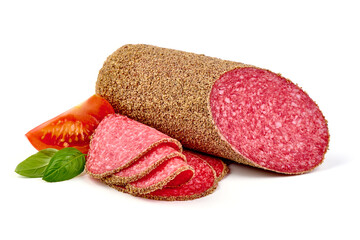 Peppered salami sausage, Isolated on white background.