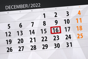 Calendar 2022, deadline, day, month, page, organizer, date, december, friday, number 16