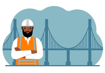Male civil engineer next to the bridge. The concept of civil engineering and construction.