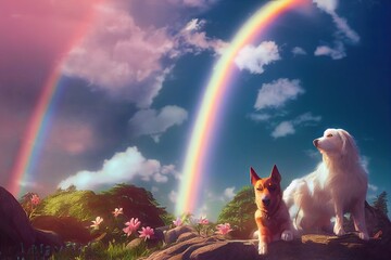 An idyllic pet paradise, teeming with playmates and filled with rainbow-hued bridges, ethereal clouds, and cheerful sunshine. Dogs and cats are enjoying life after death in their heavenly paradise. - obrazy, fototapety, plakaty