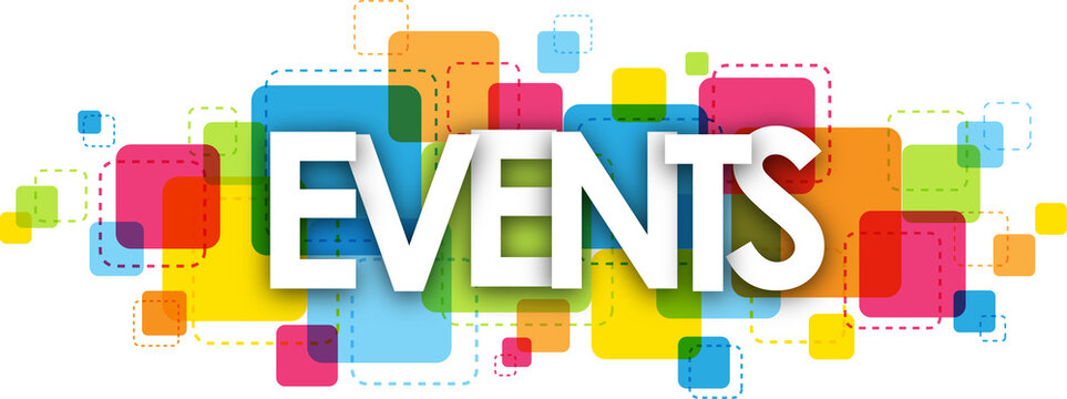 EVENTS typography banner on colorful squares with transparent background