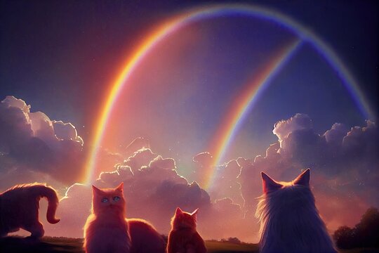 Dog and cat themed paradise where pets run and play in beautiful rainbow-colored fairy garden, ethereal clouds, and sunshine. After death, animals live with the belief that life continues on after.