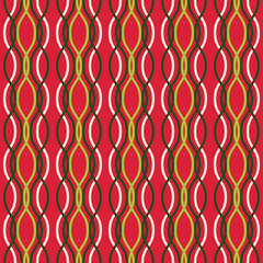 Vector seamless pattern. Colored vertical wavy lines intertwined on a red background. Illustration great for holiday background, Christmas, greeting card design, textiles, packaging, and wallpaper.