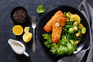 Crispy Beer Batter Cod Fish with green  vegetables