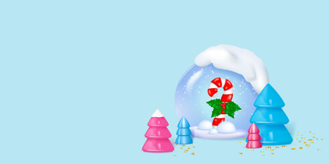 Christmas snow glass ball with decorated Candy Cane and color Christmas Trees. Winter holiday vector illustration with 3d elements