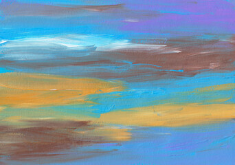 Abstract art blue, purple, yellow, brown, white background. Brush strokes on paper. Contemporary artwork. Colorful artistic texture.