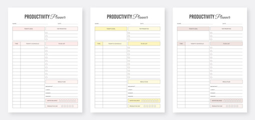 Daily Productivity Planner Template. Daily planner template design. Printable Productivity Planner. Modern Planner Template Set. Life and Business planner. Organizer & Schedule Planner. Planner Bundle - obrazy, fototapety, plakaty
