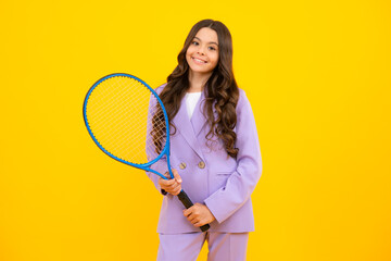 Fashion and sport concept. Teenager child with tennis racquet. Kids fitness.