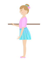 Little ballerina in a pink leotard. stands at the choreographic barre. illustration on white background