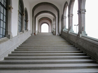 Stairs in industrial palace, Catavento Museum. Historic Building.