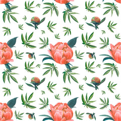 seamless watercolor pattern with peony and branches - beige and  green botany composition on white background, stylish and transparent, perfect for wallpapers, postcards, wrappers, wedding events.