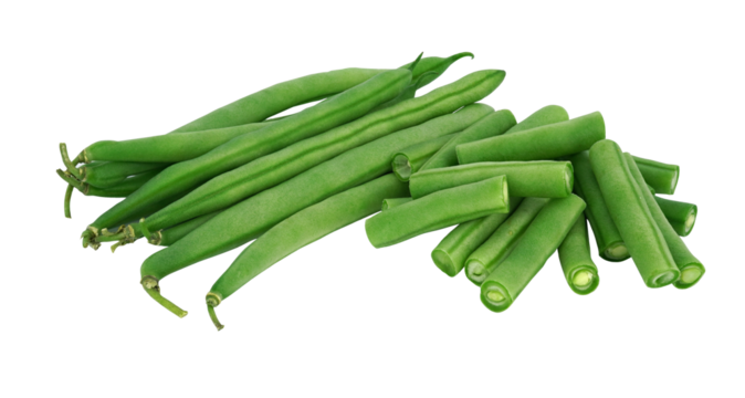 Bunch of fresh green beans cut isolated on white background with PNG.