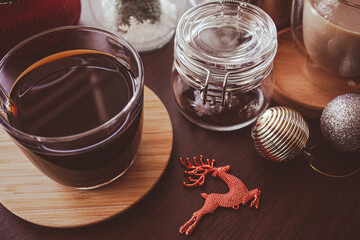 Christmas decorations and coffee making equipment on wooden table for holiday concept background - 542984119