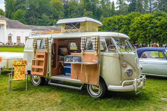 BADEN BADEN, GERMANY - JULY 2019: beige white VOLKSWAGEN WESTFALIA CAMPER VW T1 TYPE 2 caravan house microbus small bus 1959, oldtimer meeting in Kurpark