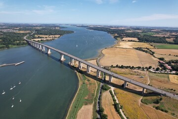 Orwell road bridge A14 highway Suffolk UK , drone aerial view