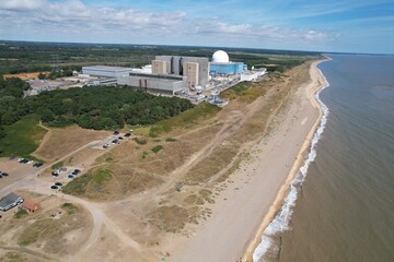 Sizewell nuclear power stations A and B Suffolk UK drone aerial view ..