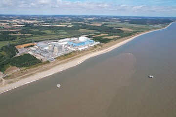 Sizewell nuclear power stations A and B Suffolk UK drone aerial view 