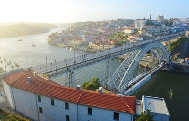 Dom Louis I bridge in Porto with view to the old town center, Portugal Europe