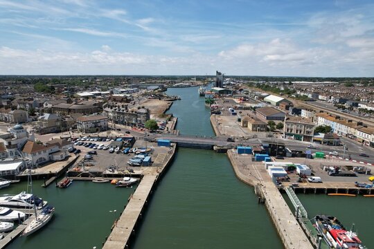 Road bridge and harbour Lowestoft UK drone aerial view