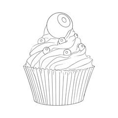 Outlines Halloween cupcakes decorated with eye candy and eye marmello. Hand drawn black and white line art doodle. Happy Halloween concept. Vector illustration