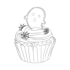 Outlines Halloween cupcakes decorated with gingerbread cookies: little ghosts and chocolate: cobwebs. Hand drawn black and white line art doodle. Happy Halloween concept. Vector illustration