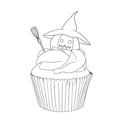 Outlines Halloween cupcakes decorated with pumpkin witches with hats and brooms. Hand drawn black and white line art doodle. Happy Halloween concept. Vector illustration