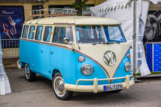 BADEN BADEN, GERMANY - JULY 2019: white beige blue VOLKSWAGEN VW TYPE 2 T1 microbus small bus 1966 1950 1967, oldtimer meeting in Kurpark