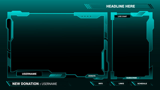 Game live stream interface overlay frames for gamer broadcast. Online streaming banners and menu bars isolated on background. Vector eps10