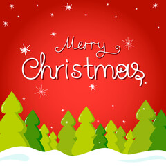 Merry Christmas. The inscription is white on a red background with green Christmas trees and snowflakes. For the decoration of Christmas holidays.