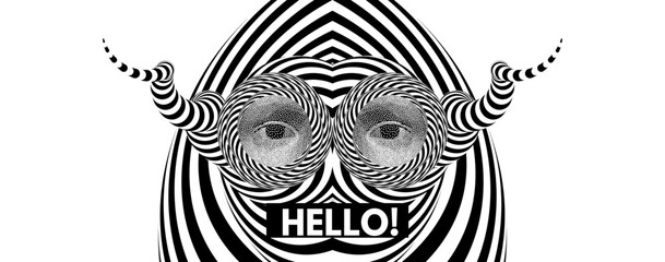 Hello! Symbol with all seeing eyes. Black and white abstract striped background with optical illusion. Modern creative design. 3d surreal vector illustration.