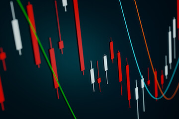 Stock exchange, chart and lines. Screen with candle stick chart and moving averages. Business and finance, stock market trading and investment research concept. 3D illustration