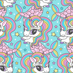 Seamless pattern with unicorns mermaids. Summer magic theme. Vector