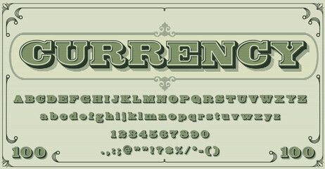 Money font, vintage type or typeface alphabet typography, vector currency cash letters. Dollar alphabet or currency retro typeface with guilloche pattern, banknote typeset with certificate old letters - obrazy, fototapety, plakaty