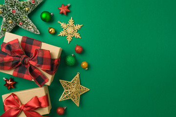 Fototapeta na wymiar Merry Christmas and Happy New Year concept with gift box, ornaments and decorations on green background. Top view, flat lay