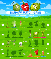 Shadow match game worksheet, cartoon vegetables on yoga fitness. Kids vector riddle with bean pod, chinese cabbage, corn or artichoke, kohlrabi, champignon or radish. Potato, bell pepper, olive, onion