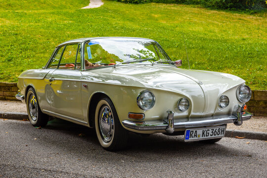 BADEN BADEN, GERMANY - JULY 2019: white ivory beige VW VOLKSWAGEN KARMANN-GHIA TYPE 34 coupe 1961 1974, oldtimer meeting in Kurpark