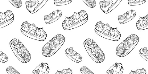 black and white seamless pattern vector line art with no background of Elairs that look tasty.