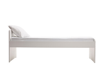 Studio shot of a white single bed with a mattress