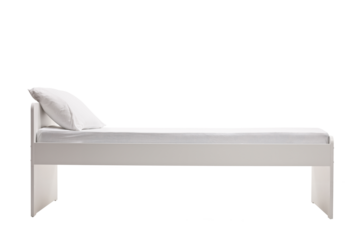 Studio shot of a white single bed with a mattress