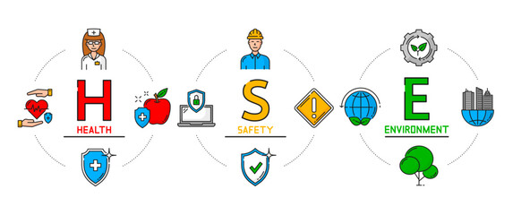 Color HSE symbols, health, safety and environment infographics vector outline icons. HSE for work security education of workers and doctors, industry work health safety and environment protection